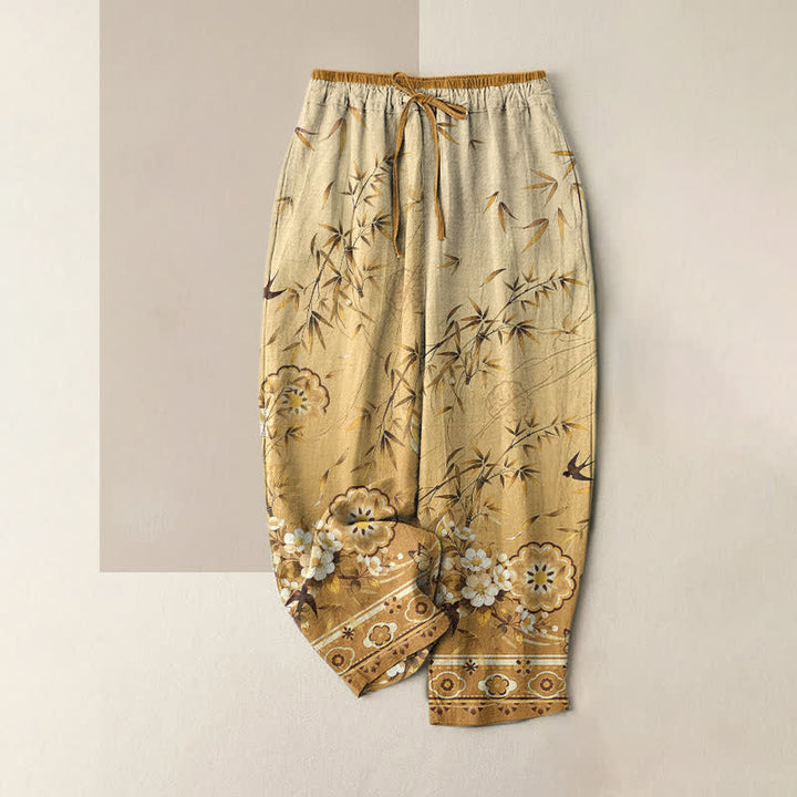 Buddha Stones Pure Cotton Oriental Bamboo Blossom Pattern Women's Elastic Waist Pants With Pockets - Goldenrod - US16，UK/AU20，EU48 (3XL) - image 4