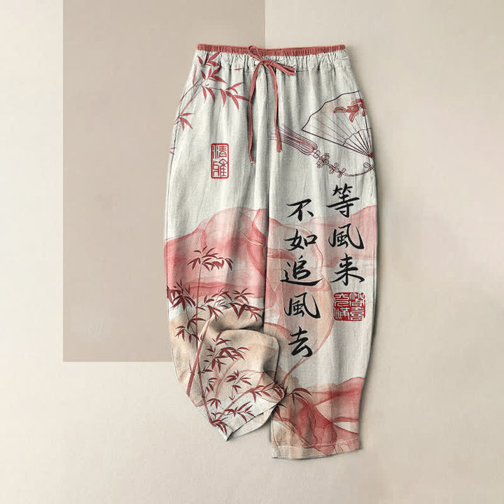 Buddha Stones Pure Cotton Oriental Bamboo Pattern Women's Elastic Waist Pants With Pockets - Tomato - US16，UK/AU20，EU48 (3XL) - image 3