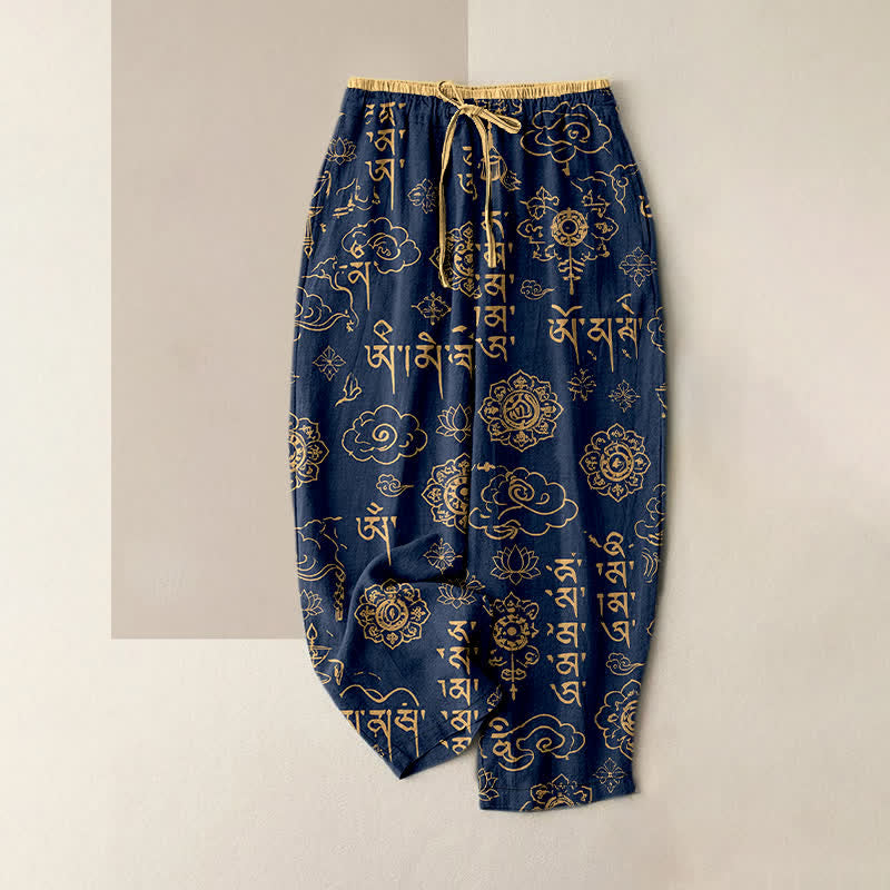 Buddha Stones Pure Cotton Tibetan Script Pattern Women's Elastic Waist Pants With Pockets - Navy - US16，UK/AU20，EU48 (3XL) - image 0