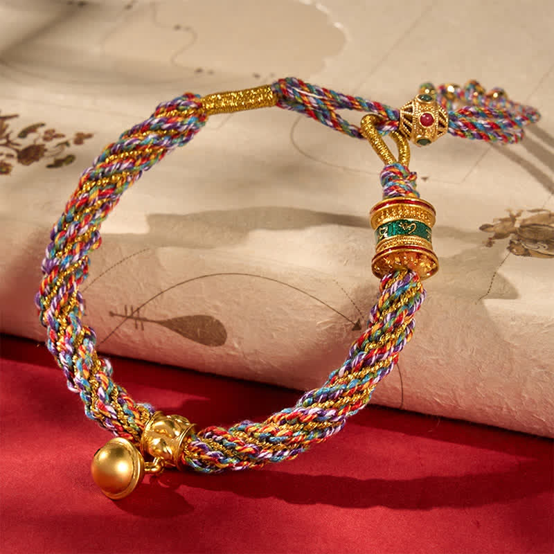 Buddha Stones Tibetan Om Mani Padme Hum Strength Bell Charm Multicolor Braided Rope Bracelet - image 2