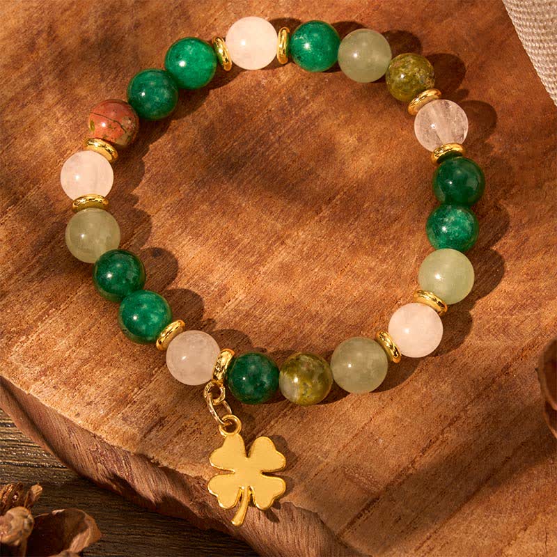 Buddha Stones Green Aventurine Four-leaf Clover Luck Round Beaded Bracelet - image 3