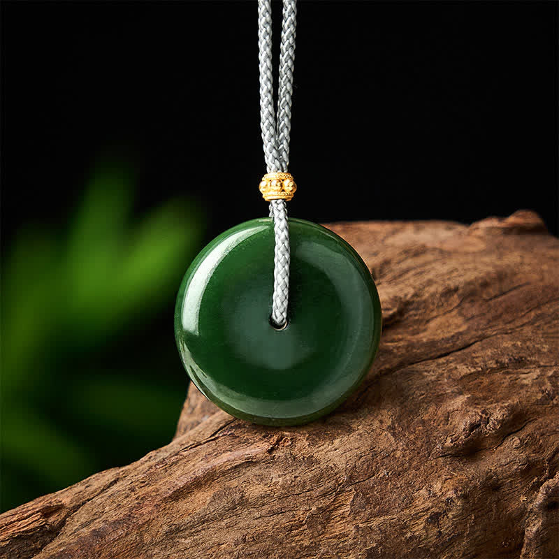 Buddha Stones Natural Cyan Jade Peace Buckle Abundance Pendant Rope Necklace - Natural Cyan Jade(Color May Vary) - image 0