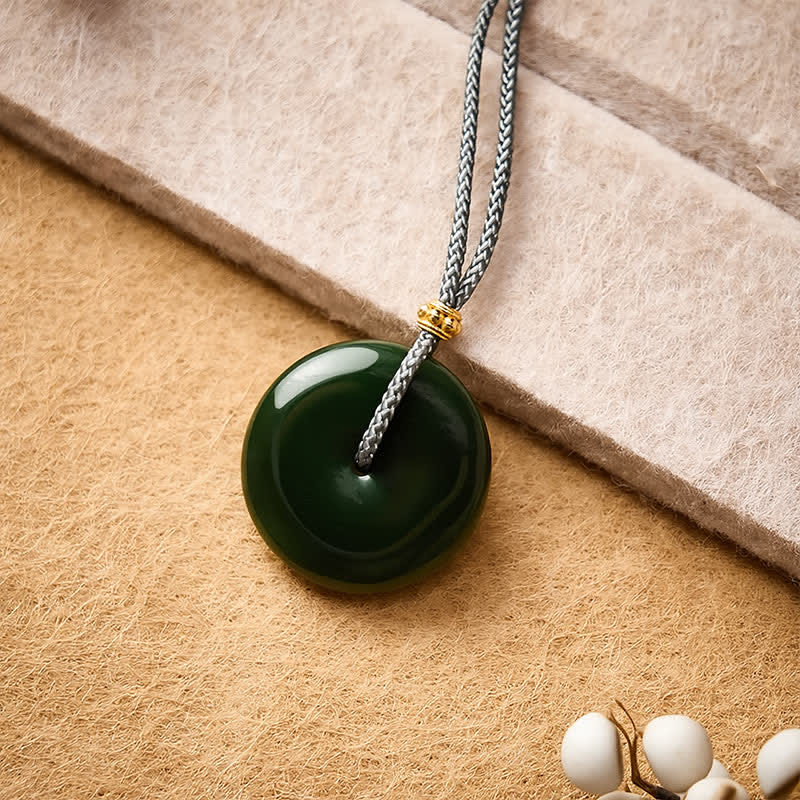 Buddha Stones Natural Cyan Jade Peace Buckle Abundance Pendant Rope Necklace - image 1