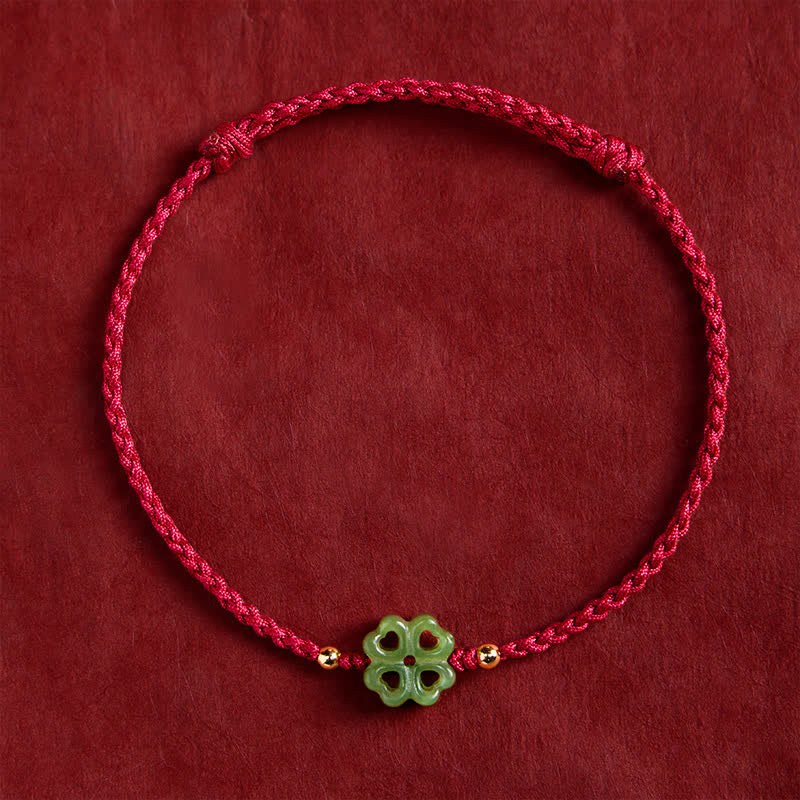 Buddha Stones Natural Hetian Cyan Jade Four-leaf Clover Luck Red Rope Bracelet - image 1