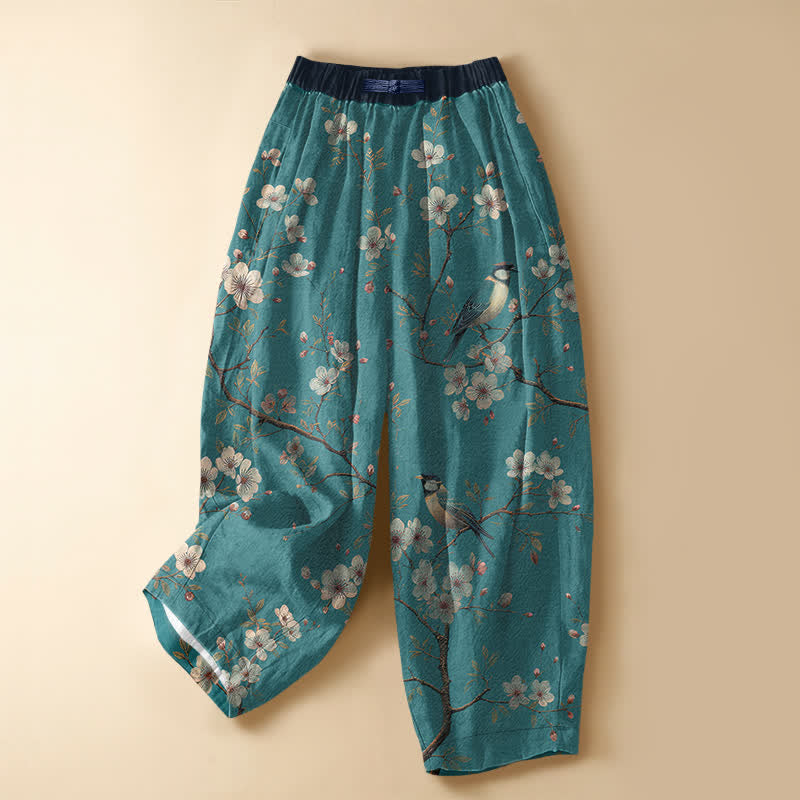 Buddha Stones Pure Cotton Vintage Blossom Bird Pattern Frog Button Women's Elastic Waist Harem Pants With Pockets - MediumTurquoise - US16，UK/AU20，EU48 (3XL) - image 0