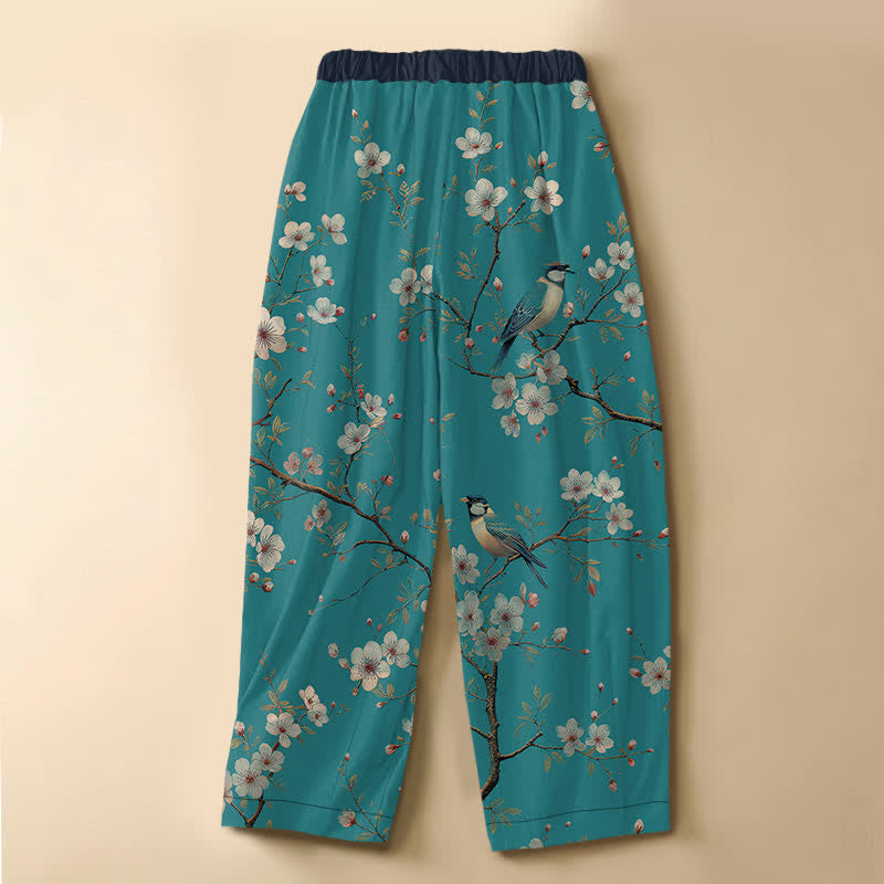 Buddha Stones Pure Cotton Vintage Blossom Bird Pattern Frog Button Women's Elastic Waist Harem Pants With Pockets - image 1