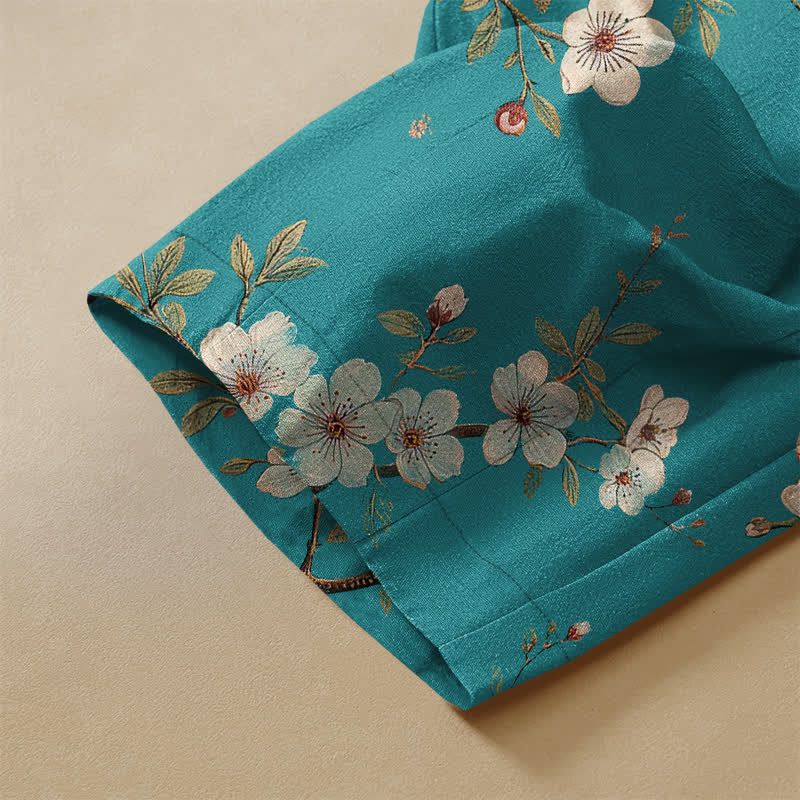 Buddha Stones Pure Cotton Vintage Blossom Bird Pattern Frog Button Women's Elastic Waist Harem Pants With Pockets - image 3