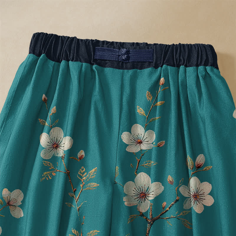 Buddha Stones Pure Cotton Vintage Blossom Bird Pattern Frog Button Women's Elastic Waist Harem Pants With Pockets - image 2
