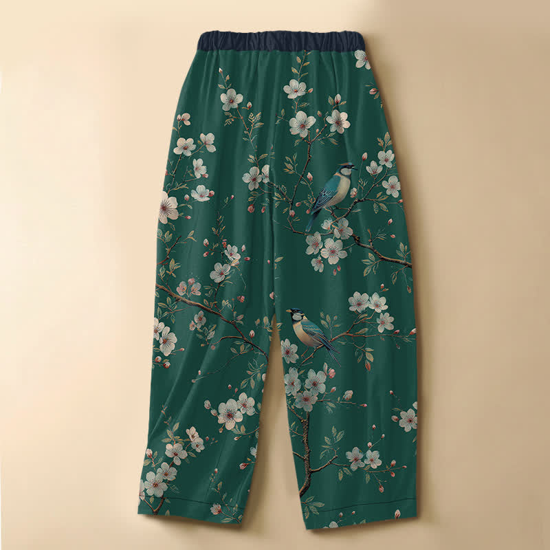 Buddha Stones Pure Cotton Vintage Blossom Bird Pattern Frog Button Women's Elastic Waist Harem Pants With Pockets - image 6