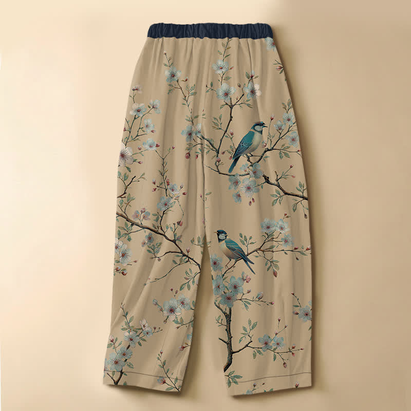 Buddha Stones Pure Cotton Vintage Blossom Bird Pattern Frog Button Women's Elastic Waist Harem Pants With Pockets - image 8