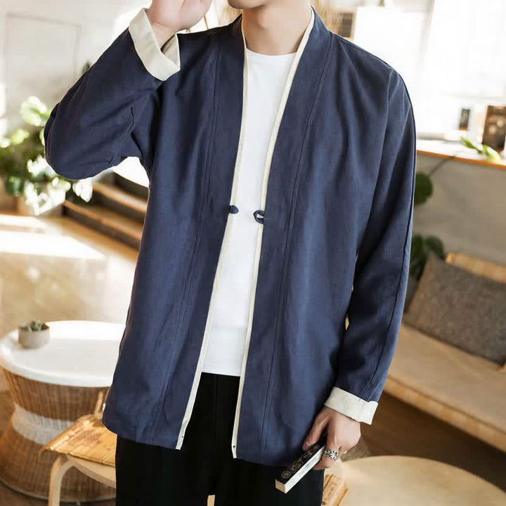 Buddha Stones Fall Winter Tang Style Minimalist Frog Button Solid Cotton Men's Kimonos - image 4