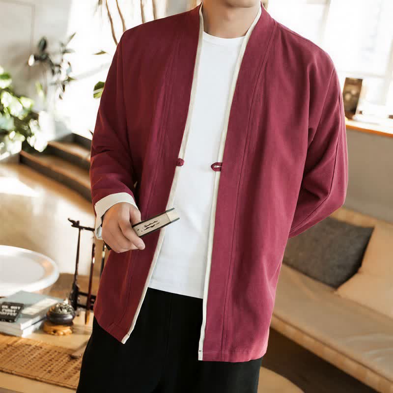 Buddha Stones Fall Winter Tang Style Minimalist Frog Button Solid Cotton Men's Kimonos - image 19