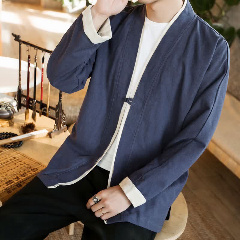 Buddha Stones Fall Winter Tang Style Minimalist Frog Button Solid Cotton Men's Kimonos - image 5