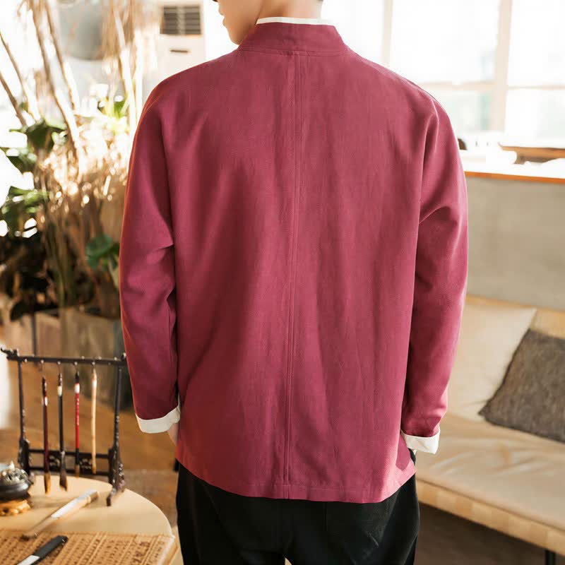 Buddha Stones Fall Winter Tang Style Minimalist Frog Button Solid Cotton Men's Kimonos - image 20