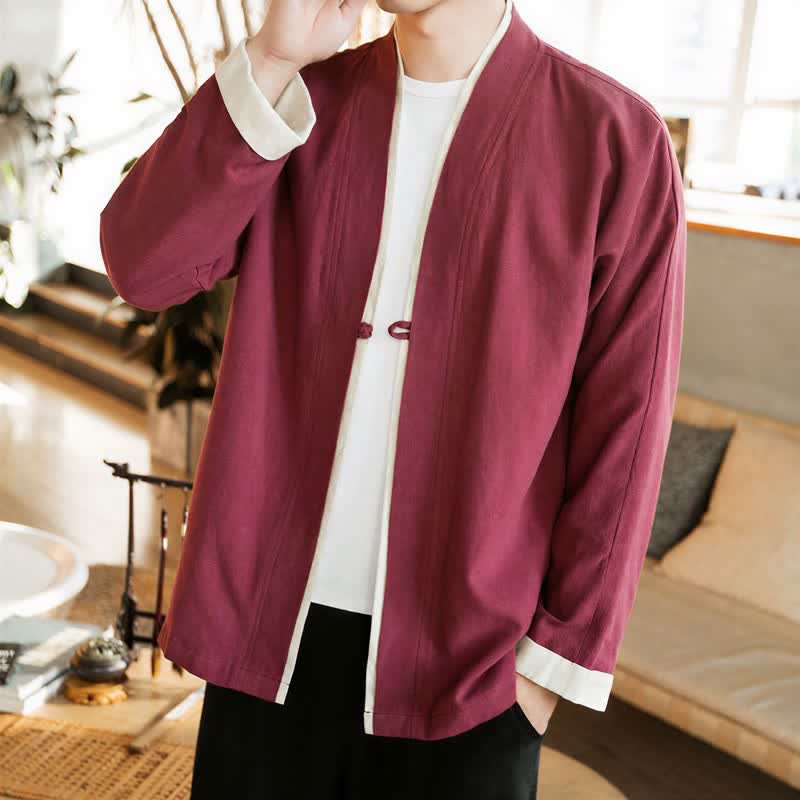 Buddha Stones Fall Winter Tang Style Minimalist Frog Button Solid Cotton Men's Kimonos - Maroon - US/UK/AU46，EU56 (5XL) - image 18