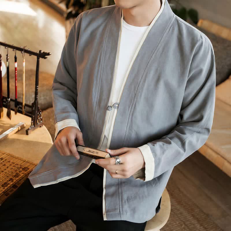 Buddha Stones Fall Winter Tang Style Minimalist Frog Button Solid Cotton Men's Kimonos - image 12