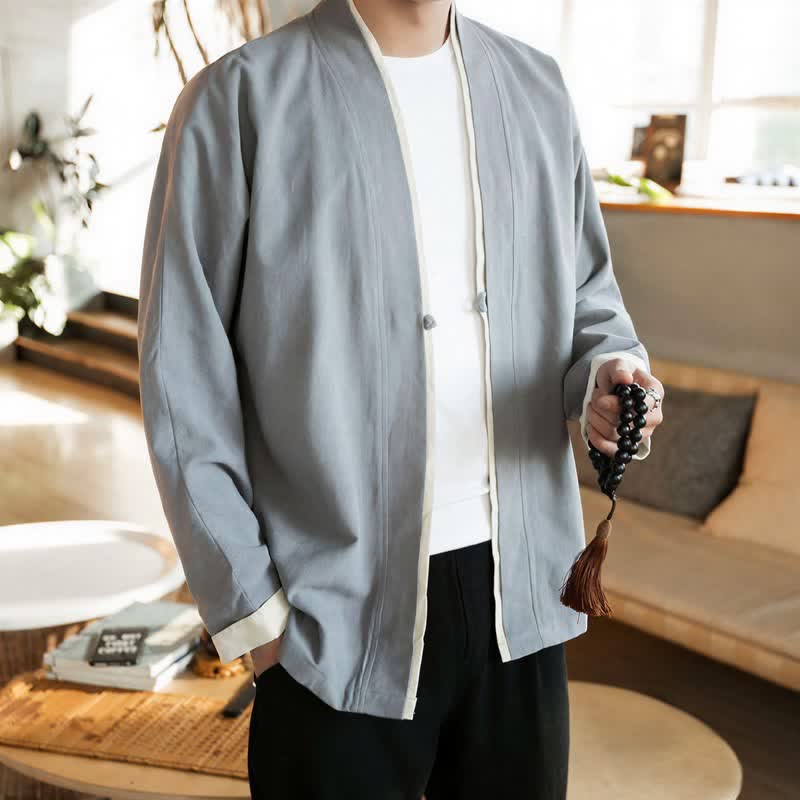 Buddha Stones Fall Winter Tang Style Minimalist Frog Button Solid Cotton Men's Kimonos - image 10