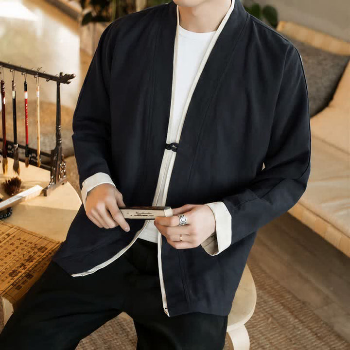 Buddha Stones Fall Winter Tang Style Minimalist Frog Button Solid Cotton Men's Kimonos - image 17
