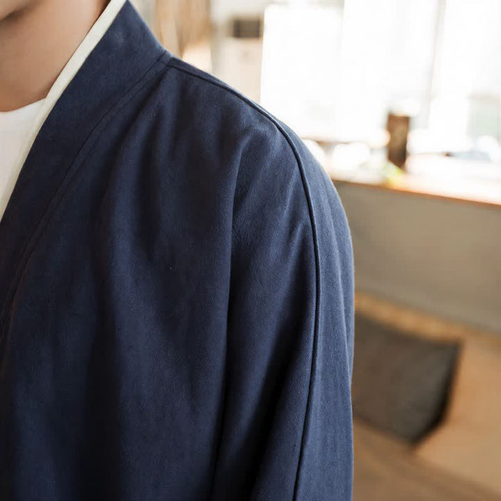 Buddha Stones Fall Winter Tang Style Minimalist Frog Button Solid Cotton Men's Kimonos - image 6