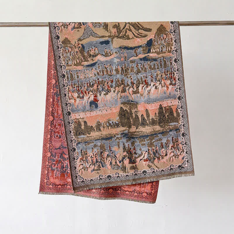 Buddha Stones Fall Winter Lotus Mountain Waves Dunhuang Color Pattern Soft Shawl - Tea-Colored Figures - 70*188cm - image 9