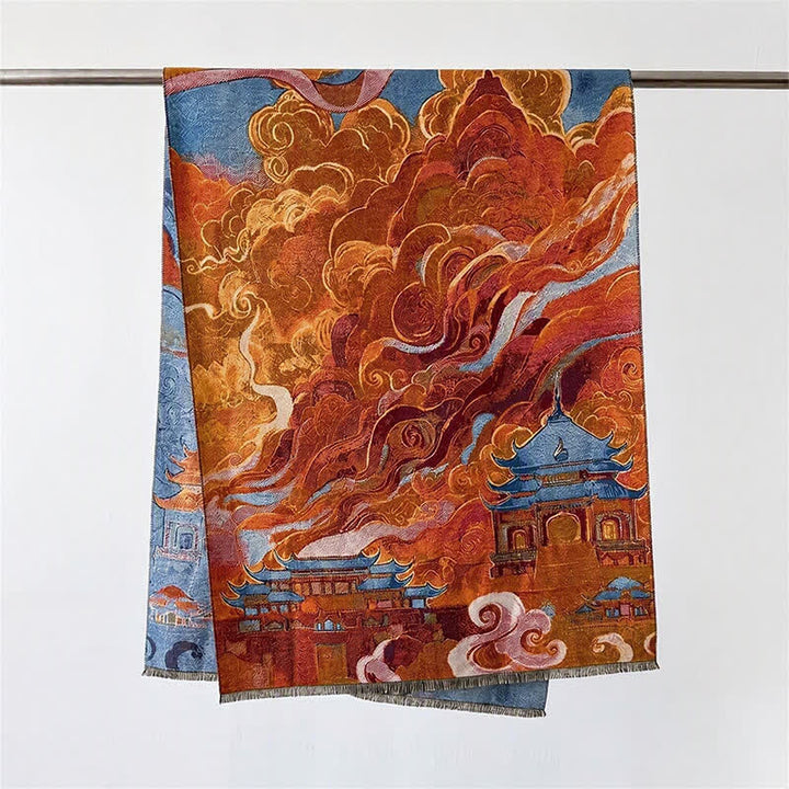Buddha Stones Fall Winter Lotus Mountain Waves Dunhuang Color Pattern Soft Shawl - Orange Auspicious Clouds - 70*188cm - image 10