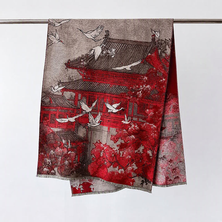 Buddha Stones Fall Winter Lotus Mountain Waves Dunhuang Color Pattern Soft Shawl - Red Eaves - 70*188cm - image 13