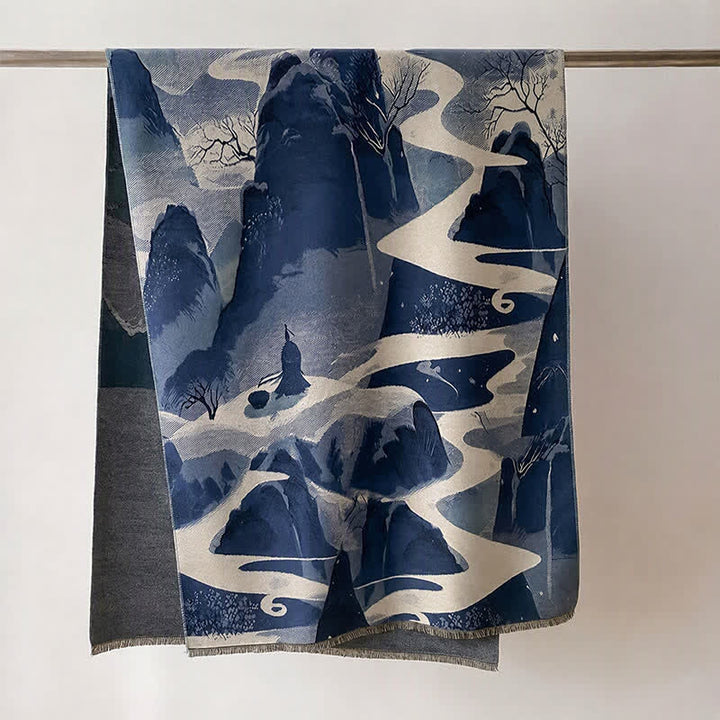 Buddha Stones Fall Winter Lotus Mountain Waves Dunhuang Color Pattern Soft Shawl - Blue Mountains - 70*188cm - image 15