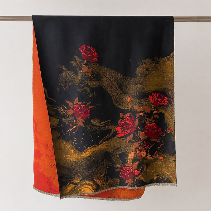 Buddha Stones Fall Winter Lotus Mountain Waves Dunhuang Color Pattern Soft Shawl - Black Red Flowers - 70*188cm - image 18