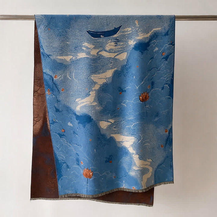 Buddha Stones Fall Winter Lotus Mountain Waves Dunhuang Color Pattern Soft Shawl - Blue Sailing Boat - 70*188cm - image 17