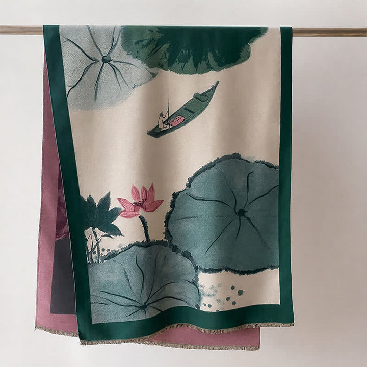 Buddha Stones Fall Winter Lotus Mountain Waves Dunhuang Color Pattern Soft Shawl - Green Lotus Leaves - 70*188cm - image 19