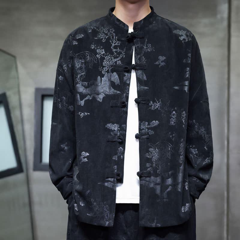 Buddha Stones Fall Winter Vintage Tang Style Frog Button Floral Men's Jackets With Pocket - Black - US/UK/AU46，EU56 (5XL) - image 6
