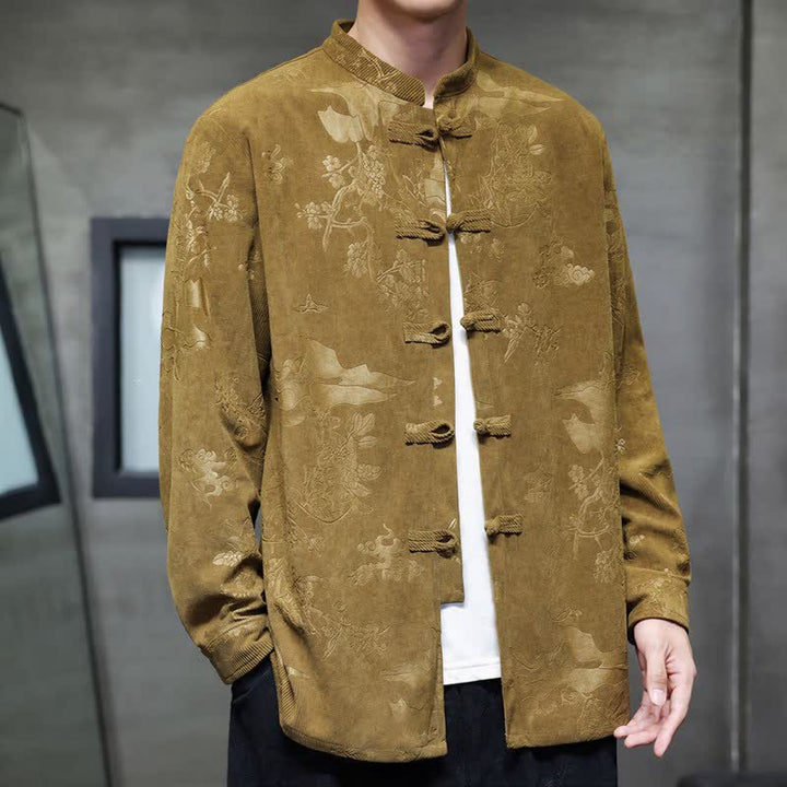 Buddha Stones Fall Winter Vintage Tang Style Frog Button Floral Men's Jackets With Pocket - image 4