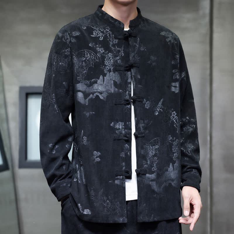Buddha Stones Fall Winter Vintage Tang Style Frog Button Floral Men's Jackets With Pocket - image 7