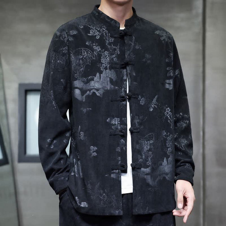 Buddha Stones Fall Winter Vintage Tang Style Frog Button Floral Men's Jackets With Pocket - image 7