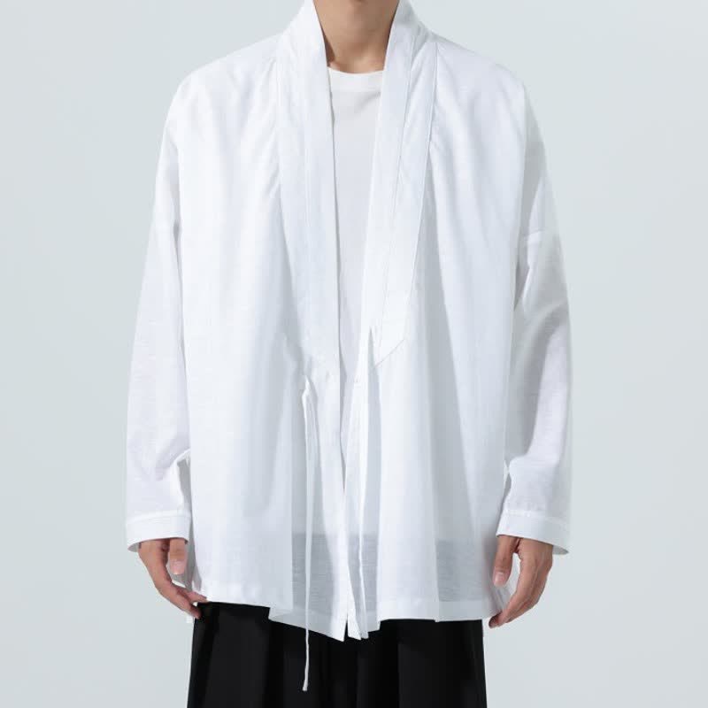 Buddha Stones Fall Minimalist Tang Style Drawstring Solid Men's Kimonos - White - US/UK/AU46，EU56 (5XL) - image 18