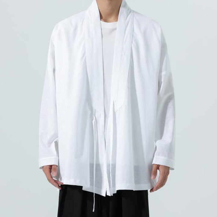 Buddha Stones Fall Minimalist Tang Style Drawstring Solid Men's Kimonos - White - US/UK/AU46，EU56 (5XL) - image 18