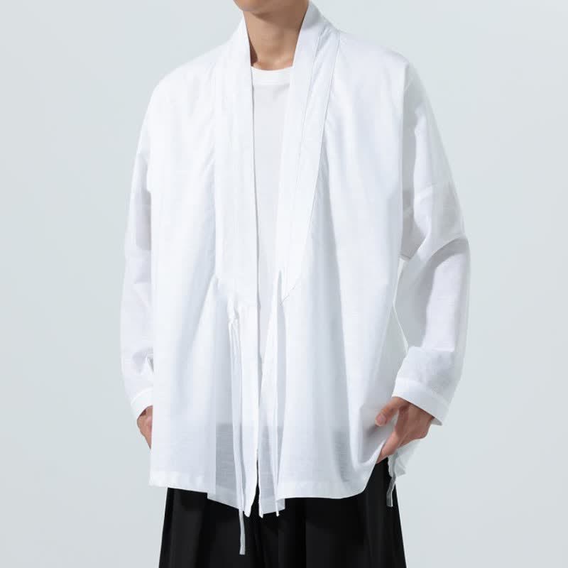 Buddha Stones Fall Minimalist Tang Style Drawstring Solid Men's Kimonos - image 19