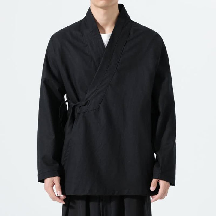 Buddha Stones Fall Minimalist Tang Style Drawstring Solid Men's Kimonos - image 7