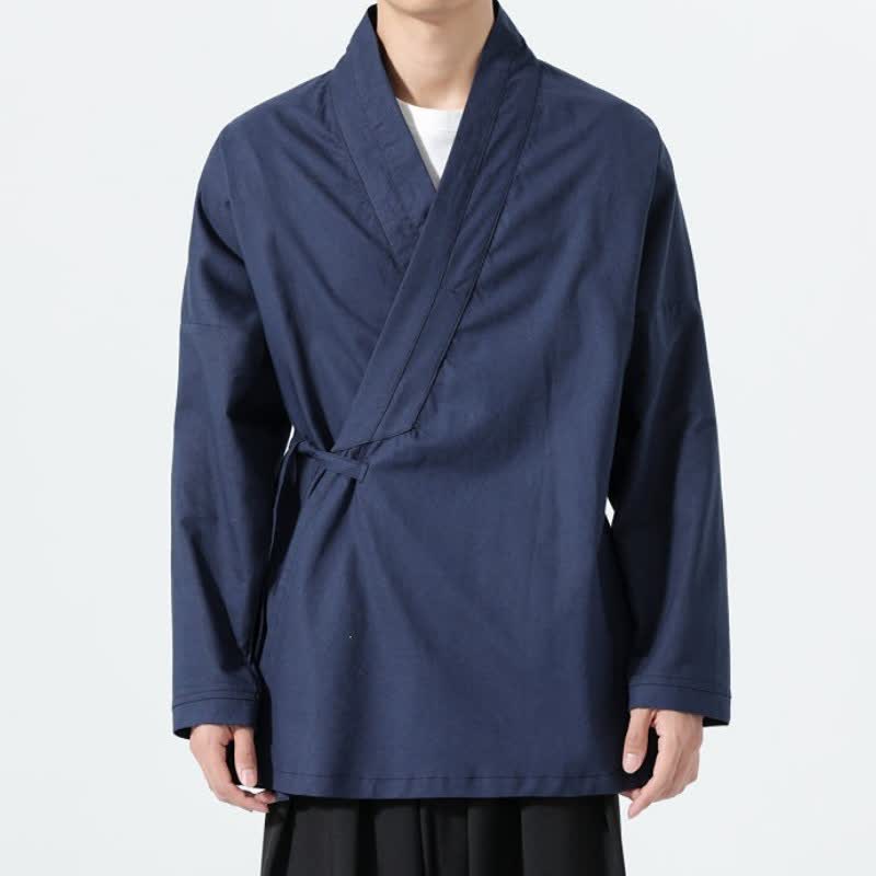 Buddha Stones Fall Minimalist Tang Style Drawstring Solid Men's Kimonos - image 15