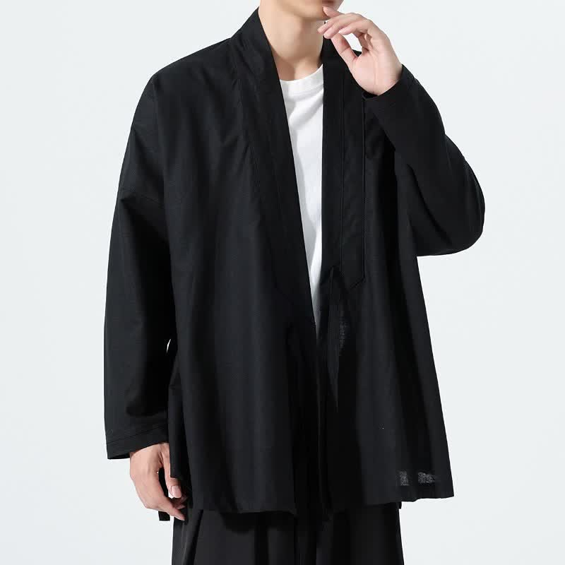 Buddha Stones Fall Minimalist Tang Style Drawstring Solid Men's Kimonos - image 9