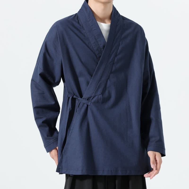 Buddha Stones Fall Minimalist Tang Style Drawstring Solid Men's Kimonos - image 17