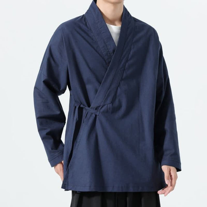Buddha Stones Fall Minimalist Tang Style Drawstring Solid Men's Kimonos - image 17