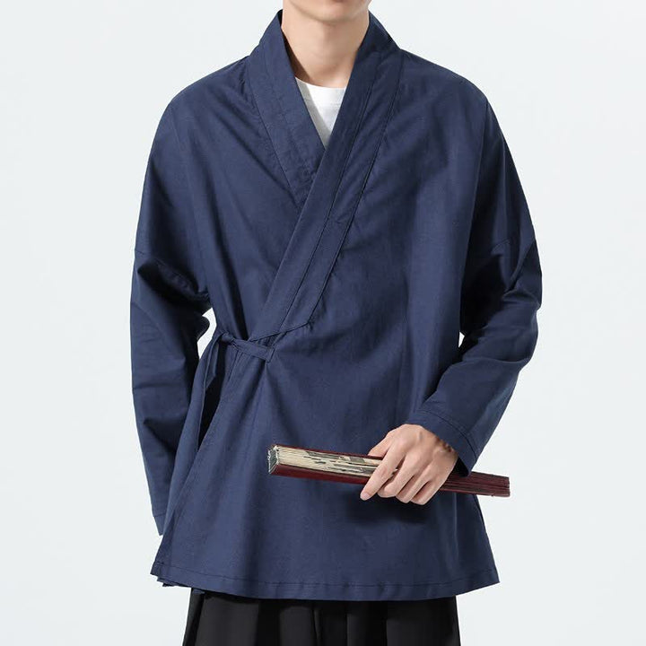 Buddha Stones Fall Minimalist Tang Style Drawstring Solid Men's Kimonos - image 16