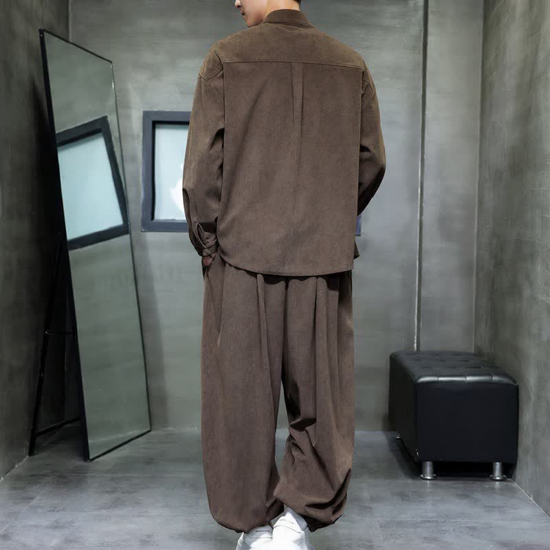 Buddha Stones Fall Winter Tang Style Casual Frog Button Solid Men's Meditation Cloth With Pocket - image 2