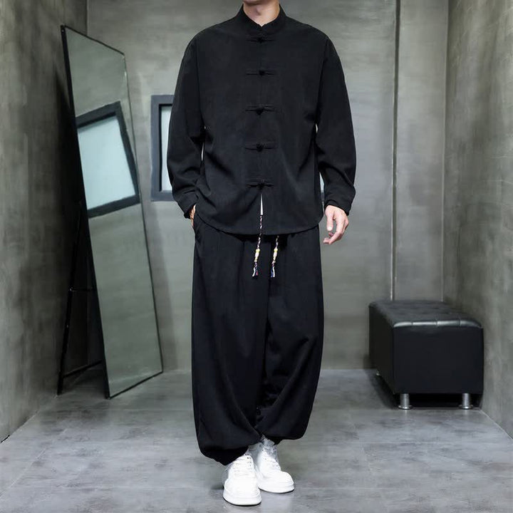 Buddha Stones Fall Winter Tang Style Casual Frog Button Solid Men's Meditation Cloth With Pocket - Black - US/UK/AU46，EU56 (5XL) - image 9