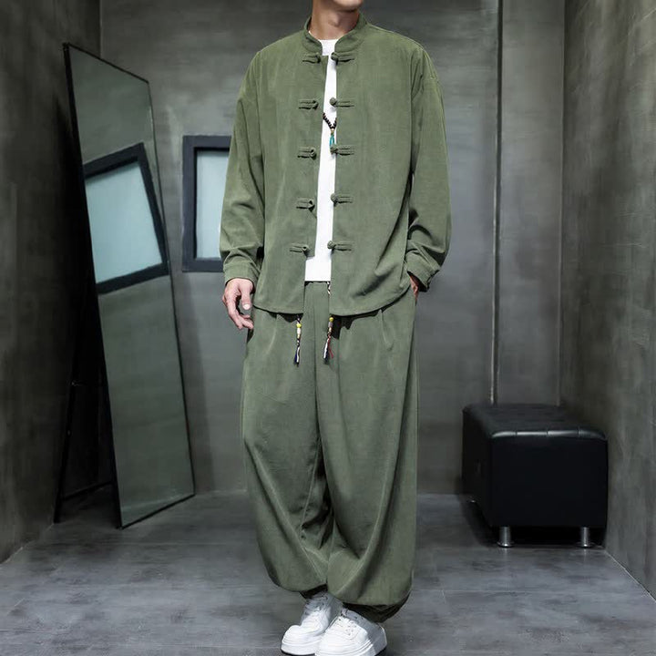 Buddha Stones Fall Winter Tang Style Casual Frog Button Solid Men's Meditation Cloth With Pocket - image 14