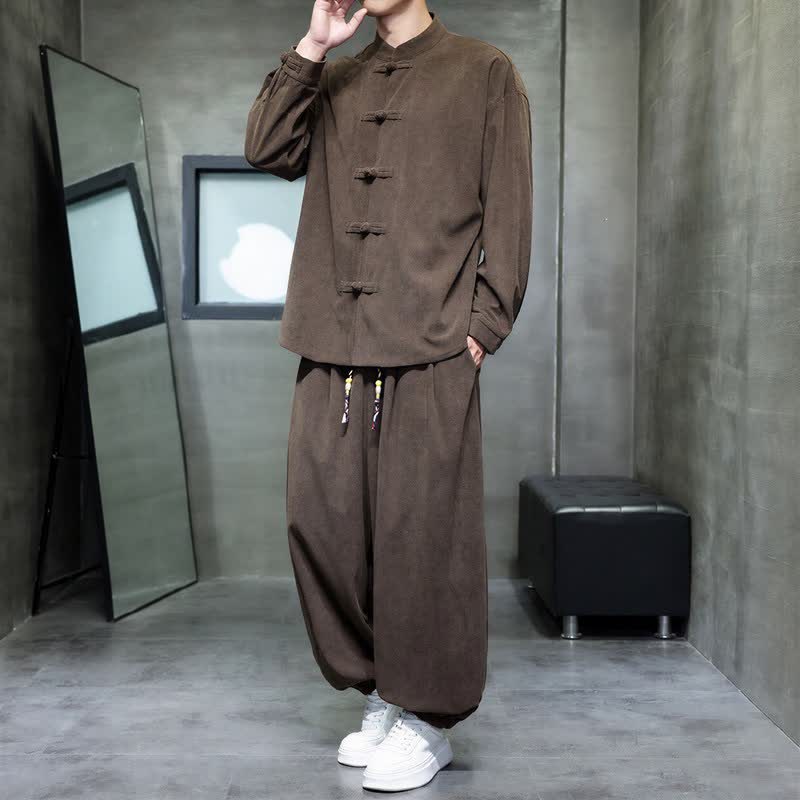Buddha Stones Fall Winter Tang Style Casual Frog Button Solid Men's Meditation Cloth With Pocket - SaddleBrown - US/UK/AU46，EU56 (5XL) - image 0