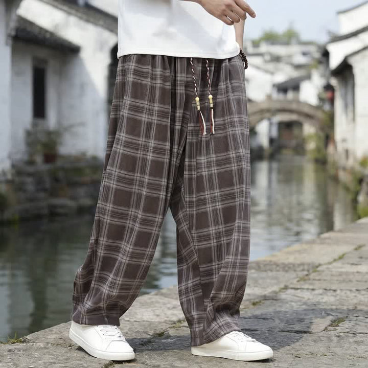 Buddha Stones Fall Winter Casual Vintage Drawstring Plaid Ankle Pants Men's Harem Pants With Pocket - image 1