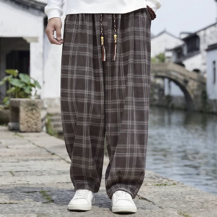 Buddha Stones Fall Winter Casual Vintage Drawstring Plaid Ankle Pants Men's Harem Pants With Pocket - SaddleBrown - US/UK/AU48，EU58 (6XL) - image 0
