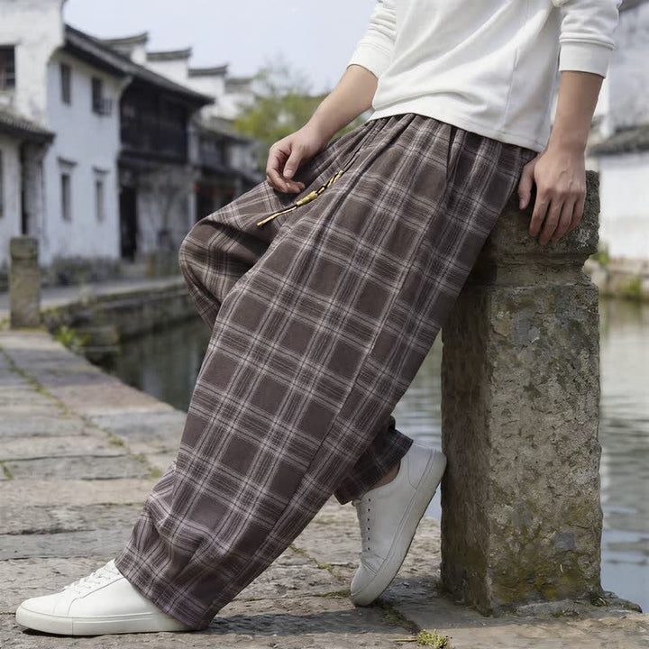 Buddha Stones Fall Winter Casual Vintage Drawstring Plaid Ankle Pants Men's Harem Pants With Pocket - image 3